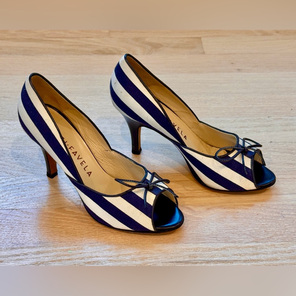Striped Blue and White Peep Toe Heels